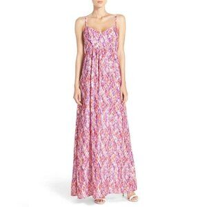 Felicity & Coco Maxi Dress Sz X Small Multicolor Coral & Purple Empire Waist EUC